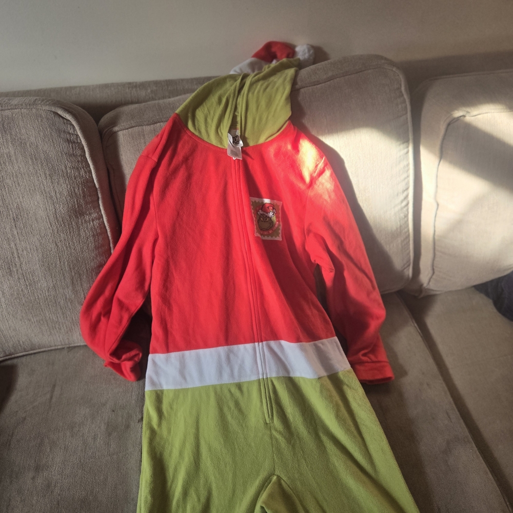 The GRINCH Kids Red and Lime One-Piece Hooded Pajama L 10/12